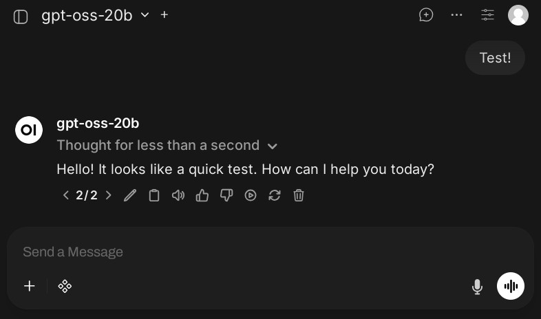 Screenshot of an interaction with the locally running `openai/gpt-oss-20b` via Open WebUI