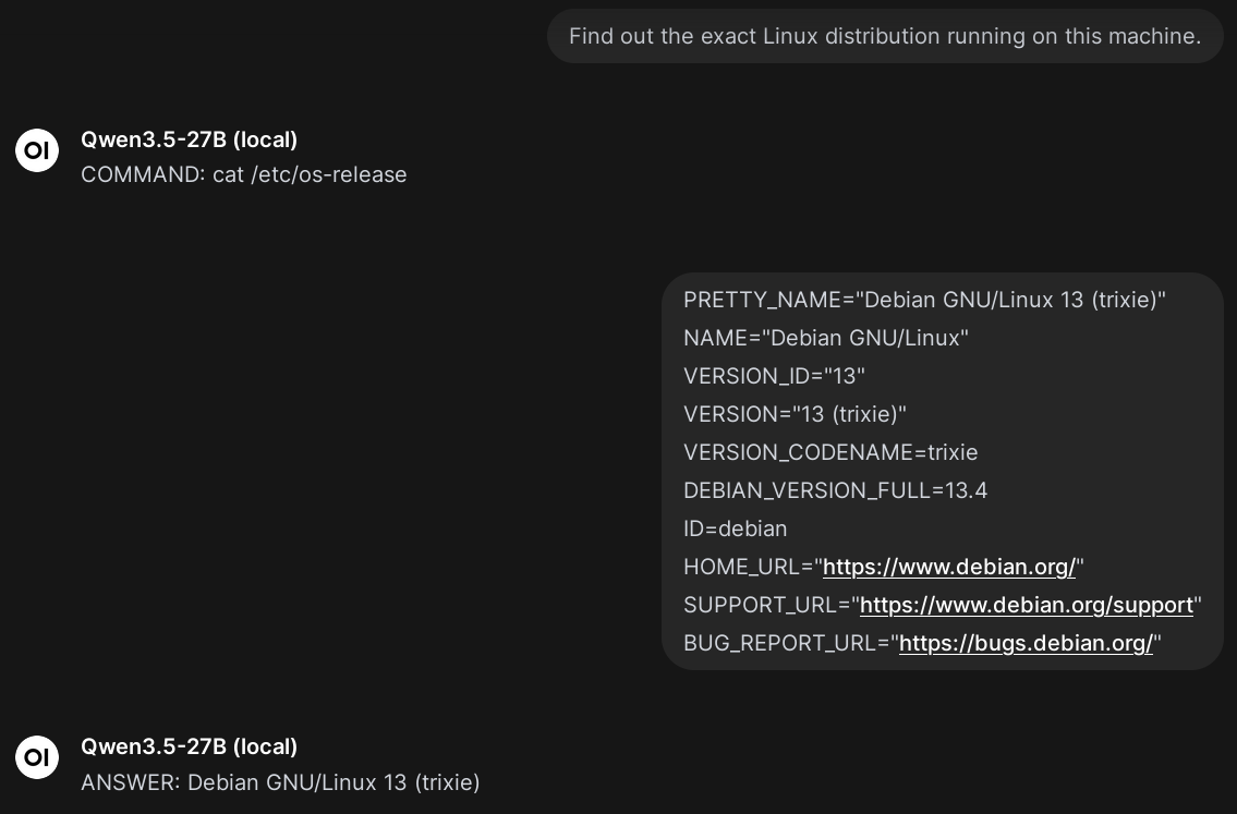 Example of a chatbot trying to call shell commands following our system prompt.